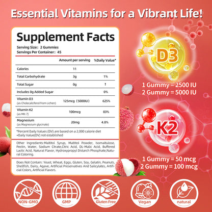 Vitamin D3 K2 Gummies w/Magnesium Sugar Free - 90 Count | D3 Vitamin 5,000 IU + K2(MK-7) 100 mcg - Vegan K2 D3 Vitamin Supplement, Highly Absorbent Supports Bone IRIDESICENT
