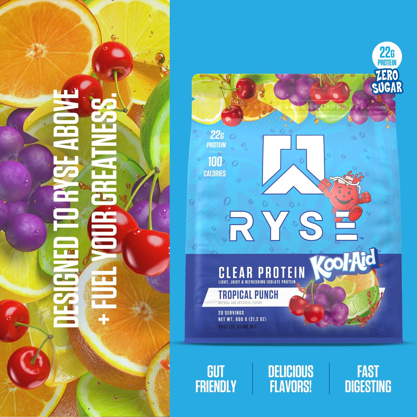 Ryse Clear Whey Isolate Protein Powder - Kool-Aid Tropical Punch - 22g Fast-Digesting Whey Protein - Light, Juicy & Refreshing - 100 Calories, Zero Sugar, Zero Artificial Colors - 20 Servings Bag
