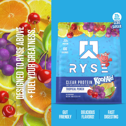 Ryse Clear Whey Isolate Protein Powder - Kool-Aid Tropical Punch - 22g Fast-Digesting Whey Protein - Light, Juicy & Refreshing - 100 Calories, Zero Sugar, Zero Artificial Colors - 20 Servings Bag