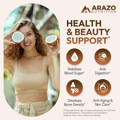 Arazo Nutrition Organic Coconut Oil 2000 MG Per Serving - 100% Extra Virgin Unrefined Cold Pressed for Weight Support, Skin, Hair, Nails - 120 Softgel Capsules Gsupps Australia