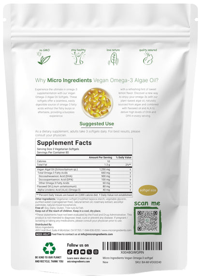 Micro Ingredients Vegan Omega 3 Algae Oil, 240 Veggie Softgels | Fish Oil Alternative | DHA 500mg & DPA 100mg | Carrageenan Free | Plant-Based Omega 3 Micro Ingredients