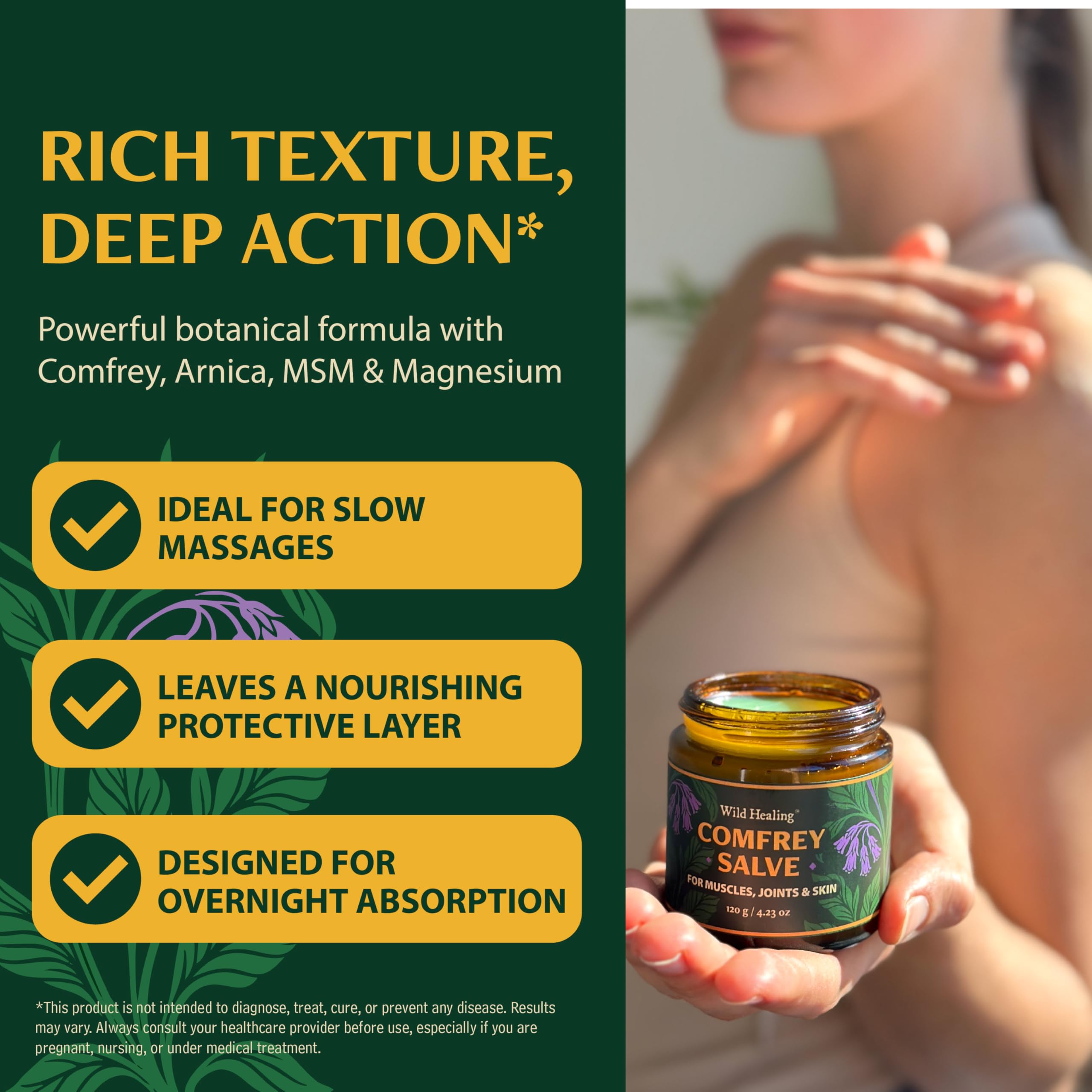 Wild Healing Comfrey Salve – Concentrated Herbal Balm with Arnica, Magnesium & MSM – Soothing Botanical Cream for Joints, Muscles & Dry Skin – 4.23 oz Wild Healing buy australia supplements