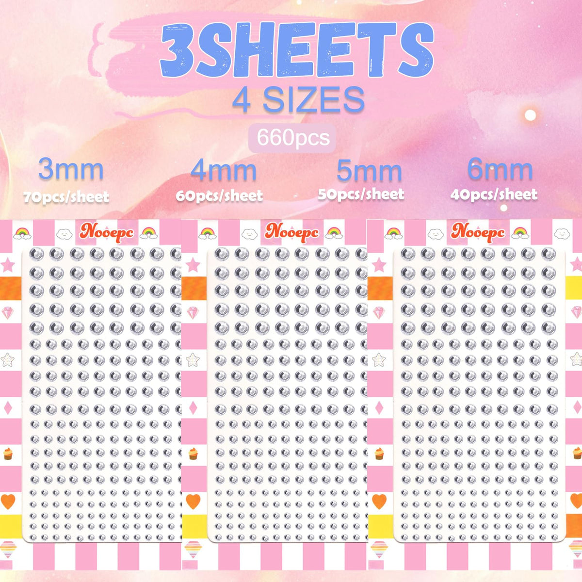 NOOEPC 660Pcs Face Gems Hair Gems, Self-Adhesive Face Jewels Eye Jewels Rhinestones 3/4/5/6 mm DIY Face Gems Stick on, Hair Body Rhinestones Gems Rave Accessories for Face Eyes Makeup Body, Crafts nooepc