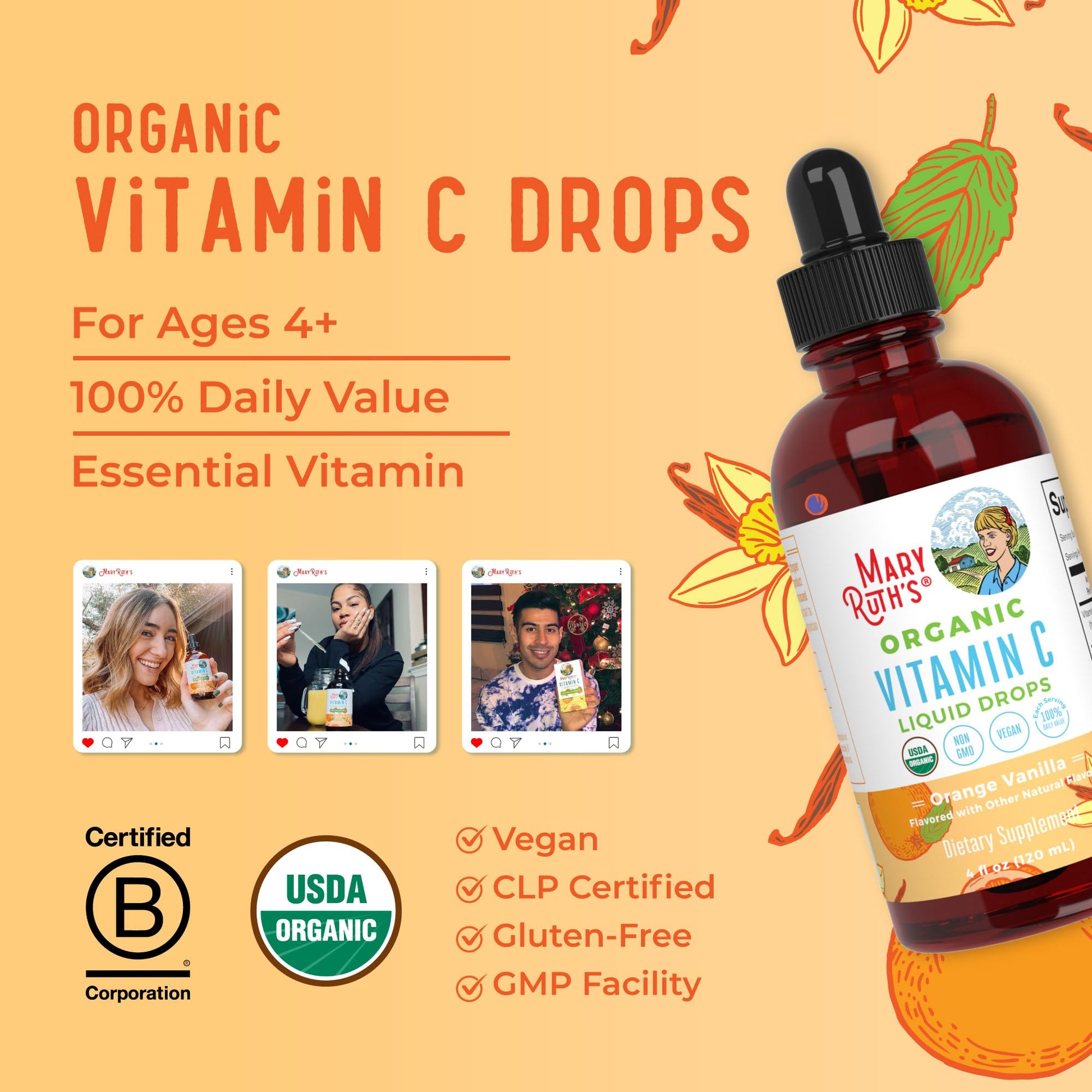 MARYRUTH'S Organic Vitamin C Supplement | Liquid Vitamin C Liquid Drops for Adults & Kids | Immune Support Supplement for Overall Health MARYRUTH'S