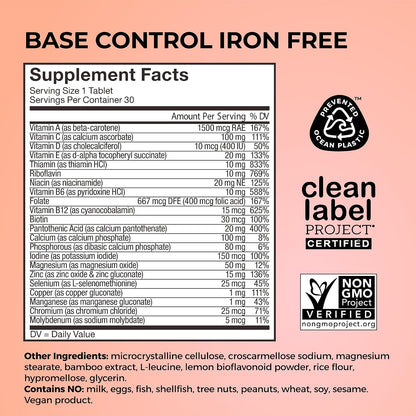 HUM Base Control Multivitamin for Women with Vitamin C, Biotin, Zinc, B Complex, Daily Women's Multivitamin, 22 Essential Vitamins & Minerals, Support for Pre-Menopause, Gluten Free, 30 Capsules