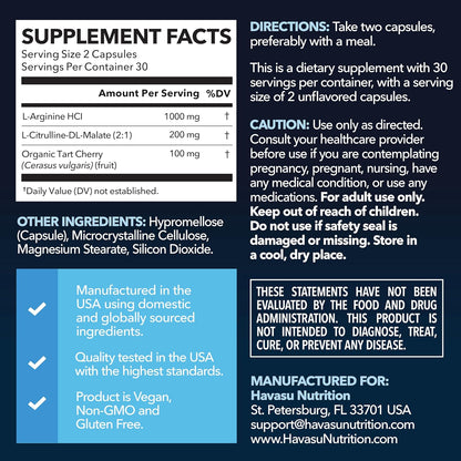 L-Arginine and L-Citrulline for Men, Nitric Oxide Support, 30 Servings | L Arginine 1000mg Capsules with L Citrulline and Tart Cherry, Performance Supplement for Men's Health, Vegan, 60 Count Gsupps Australia
