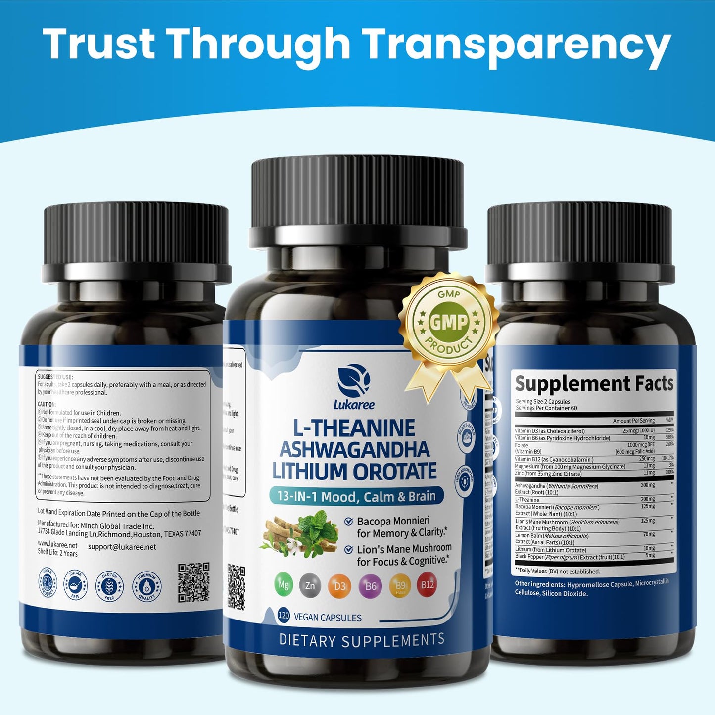 Lithium Orotate 5/10mg, L-Theanine 200mg, Ashwagandha 300mg - Mood Focus Memory Brain Supplements with Bacopa Monnieri, Lion’s Mane, Magnesium, Zinc D3 B6 Folate B12 Lukaree