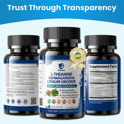 Lithium Orotate 5/10mg, L-Theanine 200mg, Ashwagandha 300mg - Mood Focus Memory Brain Supplements with Bacopa Monnieri, Lion’s Mane, Magnesium, Zinc D3 B6 Folate B12 Lukaree