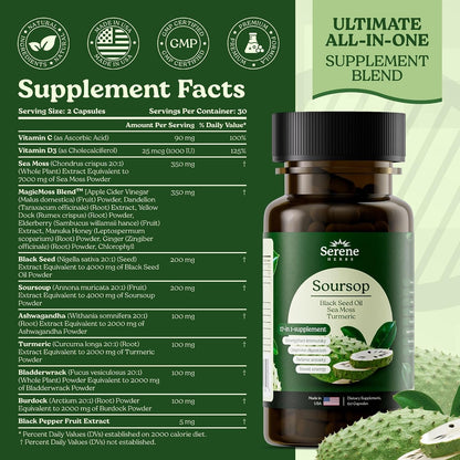 Serene Herbs 17-in-1 Sea Moss Capsules with Irish Seamoss, Black Seed Oil, Ashwagandha, Turmeric & Bladderwrack - Advanced Immunity, Energy & Gut Support - Natural Herbal Supplement - 60 Count