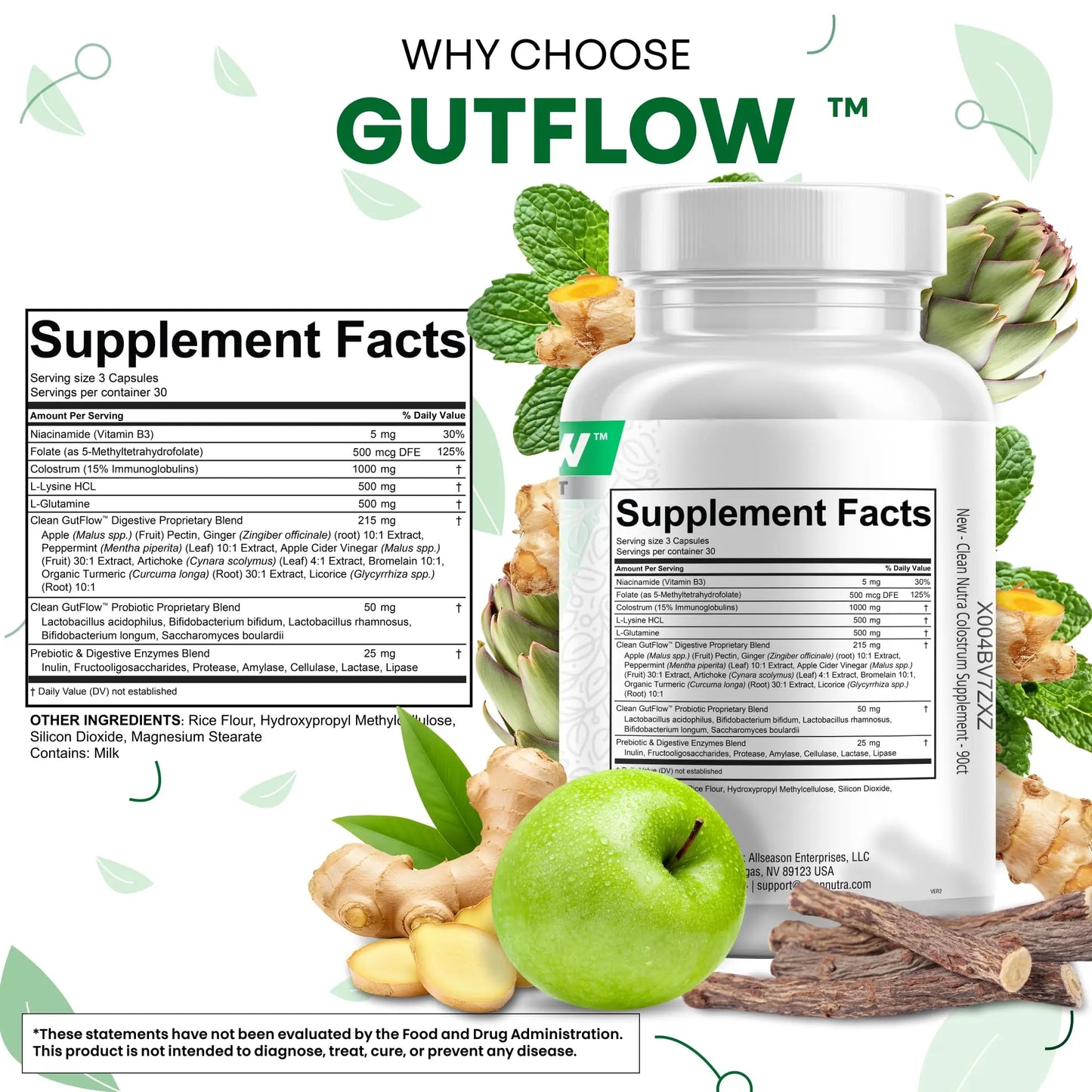 Clean Nutraceuticals Colostrum Supplement Capsules Probiotics Pills Prebiotics, L-Glutamine, Digestive Enzymes, Folate, Fiber, ACV, Turmeric, Apple Pectin and Turmeric Pills Clean Nutraceuticals