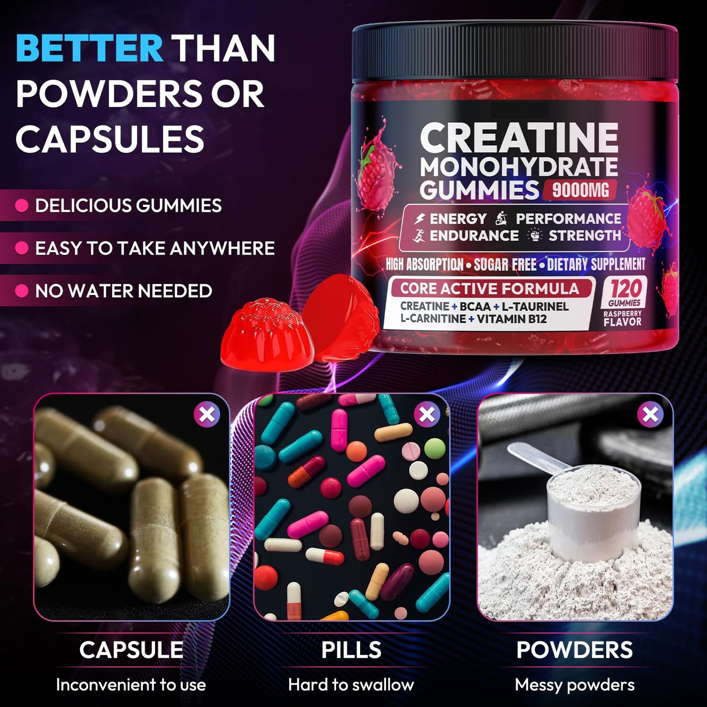 Cytona Creatine Gummies Monohydrate Complex 9000MG, Pre-Workout for Men & Women, Creatine Gummy with L-Taurine, BCAA 2:1, B12/6 for Muscle Support Cytona