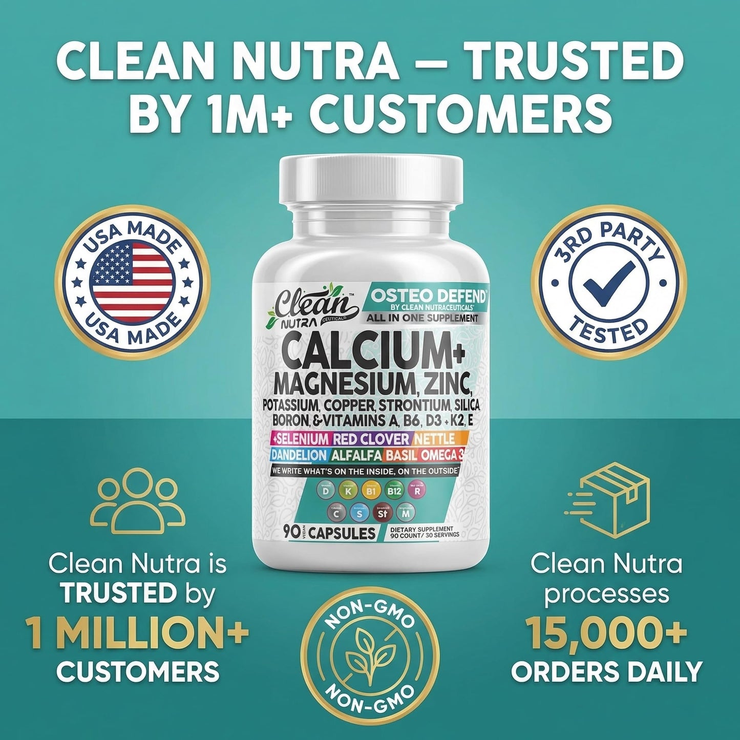 Allin1 Calcium Magnesium Zinc Supplement with Potassium, Copper, Strontium, Silica, Vitamin D3 K2, Boron, Vitamin B1 B12 Red Clover Herb Alfalfa Basil Pills for Men Clean Nutraceuticals