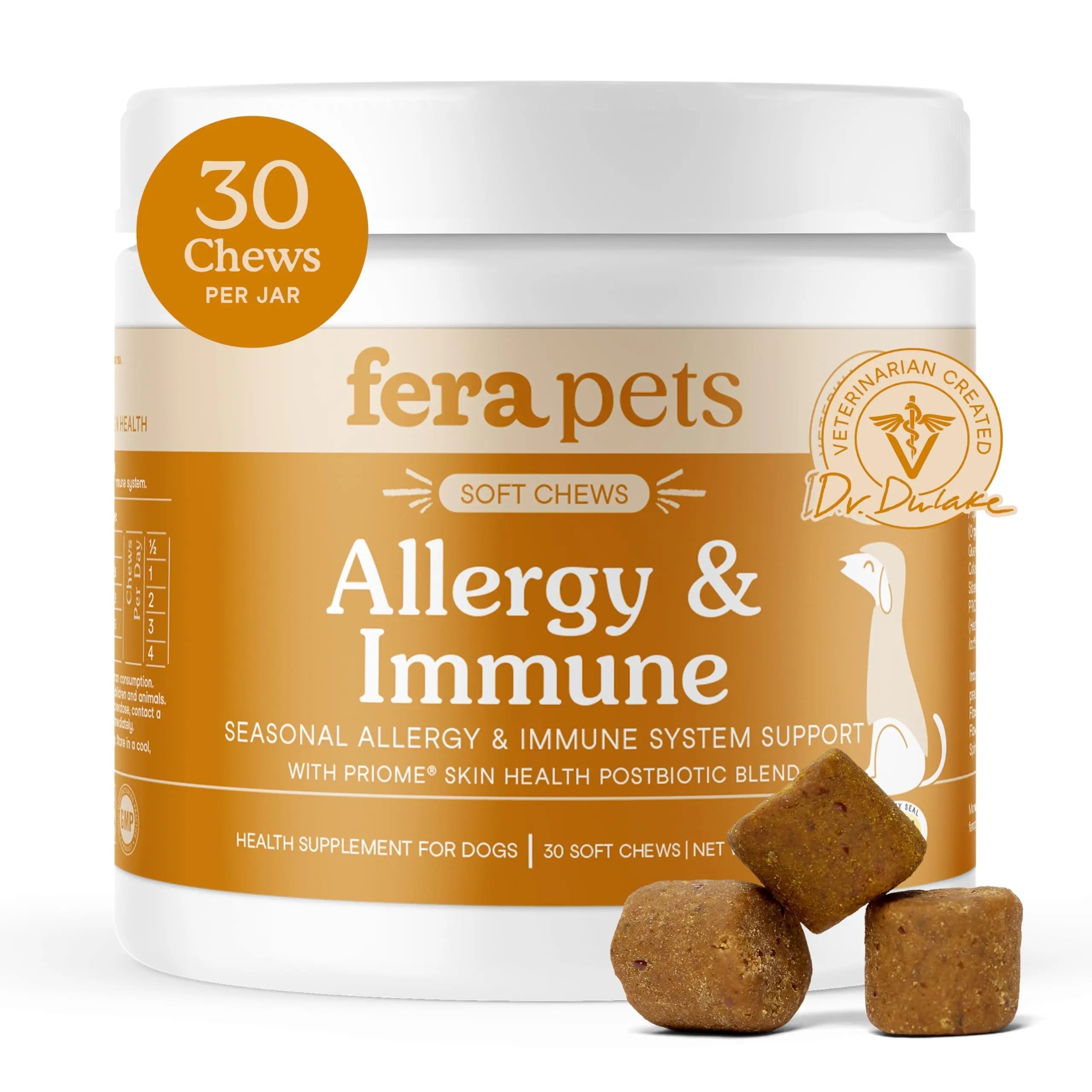 Fera Pets Dog Allergy and Immune Support with Organic Mushrooms, Postbiotics & Colostrum - Promotes Skin & Gut Health - Soothes Seasonal Allergy Symptoms - 30 Soft Chews Fera Pets buy australia supplements