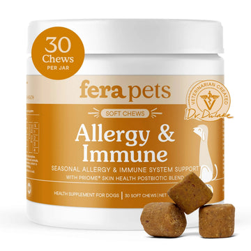 Fera Pets Dog Allergy and Immune Support with Organic Mushrooms, Postbiotics & Colostrum - Promotes Skin & Gut Health - Soothes Seasonal Allergy Symptoms - 30 Soft Chews Fera Pets buy australia supplements