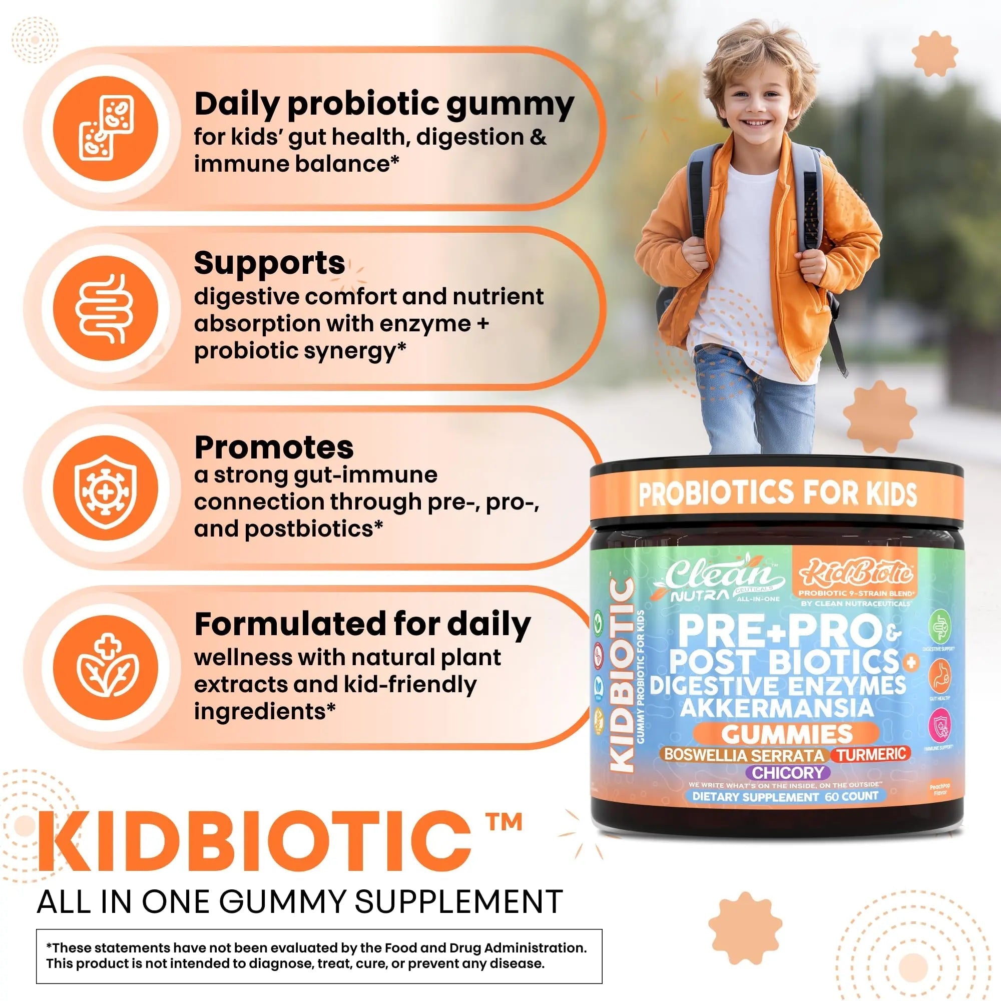 Clean Nutra Kids Probiotics Gummies with Prebiotics, Postbiotics, Digestive Enzymes, Akkermansia, Boswellia Serrata, Turmeric, Chicory – 60 Count – Plant-Based Supplement for Kids – PeachPop Flavor Clean Nutraceuticals buy australia supplements
