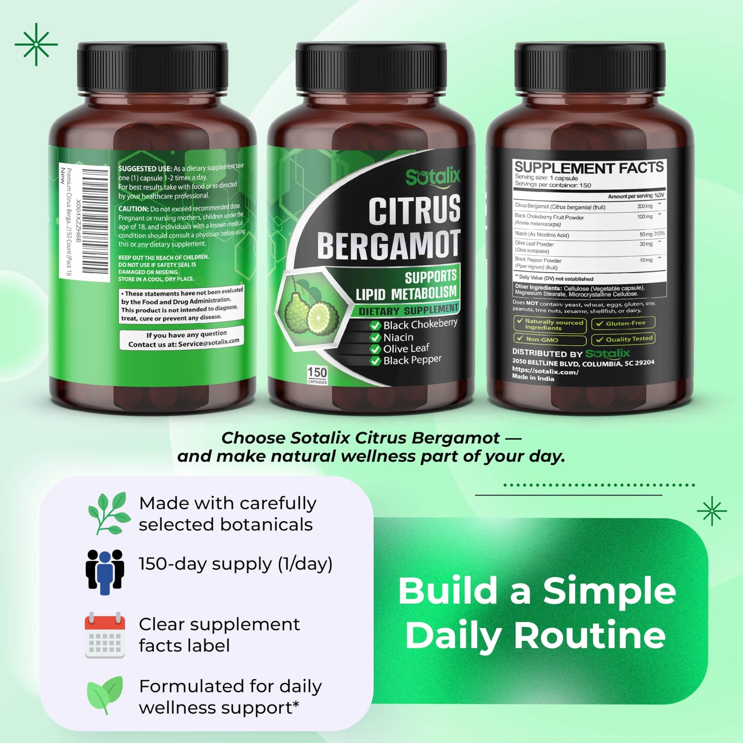Premium Citrus Bergamot Organic Bergamot Supplement with Niacin Black Chokeberry Olive Leaf Black Pepper SOTALIX SUPPLEMENT