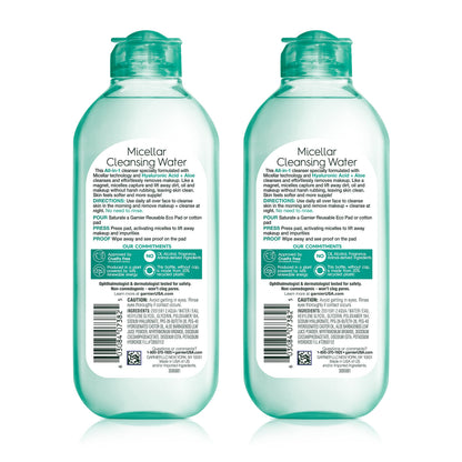 Garnier Micellar Water with Hyaluronic Acid, Facial Cleanser & Makeup Remover, Hydrating and Plumping, For All Skin Types, Vegan, Cruelty Free, 13.5 Fl Oz (400mL), 2 Count Garnier
