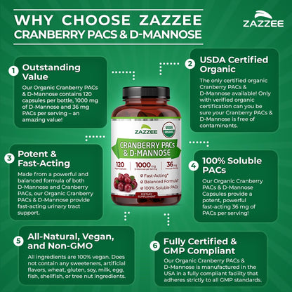 Zazzee USDA Organic Cranberry PACs & D-Mannose, 36 mg PACs per Serving | 1000 mg D-Mannose per Serving, 120 Vegan Capsules, 2 Month Supply, Urinary Tract & Bladder Support, Non-GMO, Made in the USA Gsupps Australia