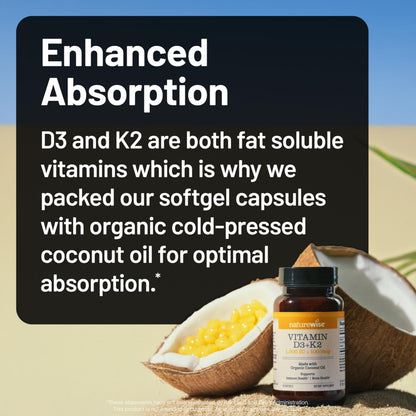 NatureWise Vitamin D3 1000IU + K2 (MK7) 100mcg with Organic Extra Virgin Coconut Oil - Supports Calcium Absorption, Bone & Immune Health - Non-GMO NatureWise