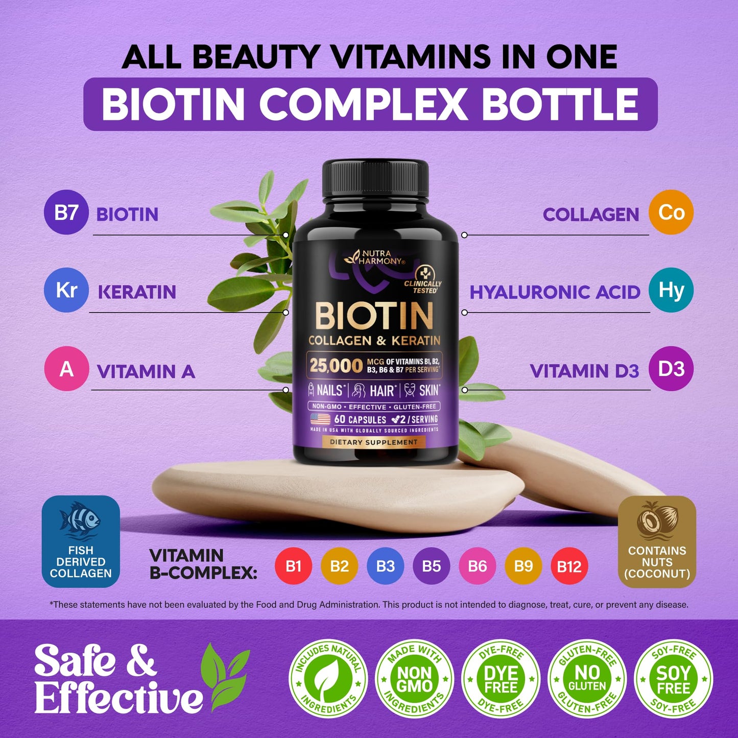 NUTRAHARMONY Biotin | Collagen | Hyaluronic Acid | Keratin - Support Normal Hair Growth Cycle - Skin & Nails - 25000mcg Vitamins B1, B2, B3, B6 & B7 NUTRAHARMONY