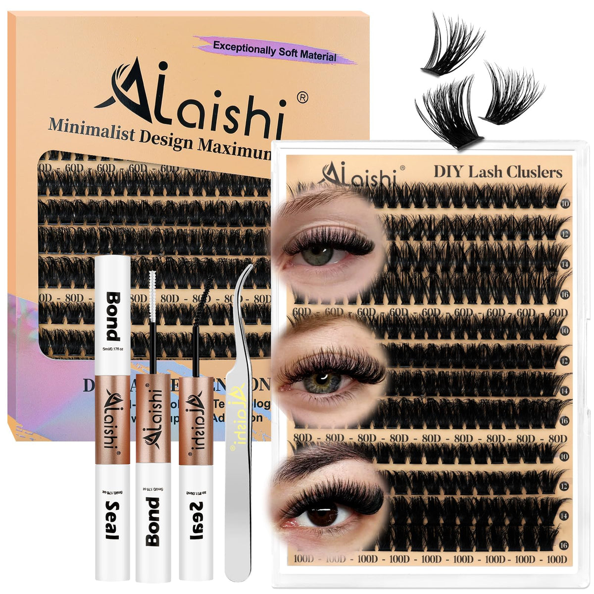 AILAISHI Lash Clusters Kit, DIY Cluster Eyelash Extensions 9‑16mm, 60D+80D+100D, 224pcs Fluffy D Curl Natural Lashes with Bond & Seal,Tweezers,Brush,Fake Cat Eye Individual Clusters AILAISHI