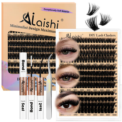 AILAISHI Lash Clusters Kit, DIY Cluster Eyelash Extensions 9‑16mm, 60D+80D+100D, 224pcs Fluffy D Curl Natural Lashes with Bond & Seal,Tweezers,Brush,Fake Cat Eye Individual Clusters AILAISHI