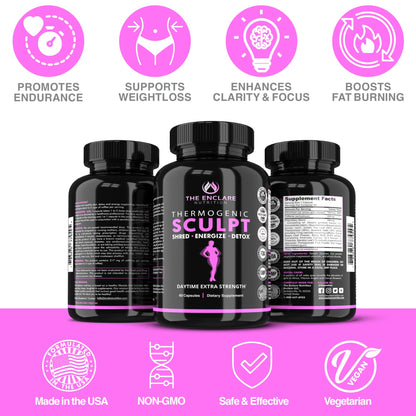 Thermogenic  Appetite Suppressant,  Supplement for Women & Men, Metabolism, Energy, Focus, Brain, Caffeine Pills with Chromium, Green Tea Extract, L Theanine, Sculpt 60 Capsules THE ENCLARE NUTRITION