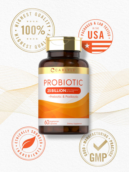 Carlyle Probiotic with Prebiotics & Postbiotics | 25 Billion CFU | 60 Capsules | Supplement for Women & Men | Powder Pills Carlyle