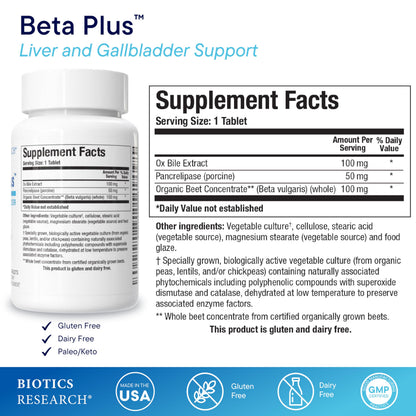 Biotics Research Beta-Plus™ Nutritional Ox Bile Salts Digestive Enzymes Supplement for Bile Production for No Gallbladder-Supports Overall Liver Function, BIOTICS RESEARCH