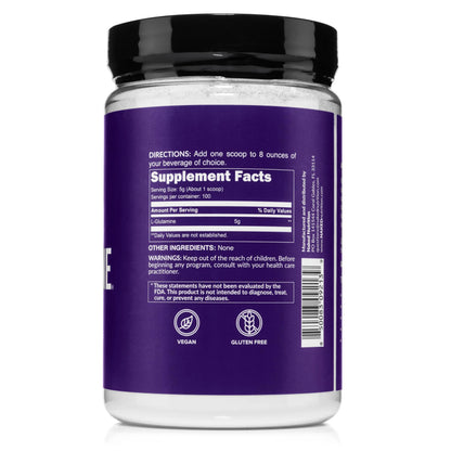 Pure L-Glutamine Made in The USA - 100 Servings - 500g, 1.1lb Bulk, Vegan, Non-GMO, Gluten and Soy Free. Minimize Muscle Breakdown & Improve Protein Synthesis. No Additives NAKED