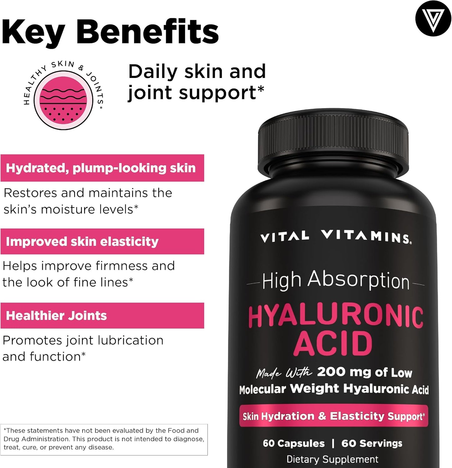 Vital Vitamins Hyaluronic Acid Supplements, 60 Capsules | 200mg Low Molecular Weight HA, Supports Skin Hydration, Elasticity & Joint Comfort, Vegan & Non-GMO Gsupps Australia