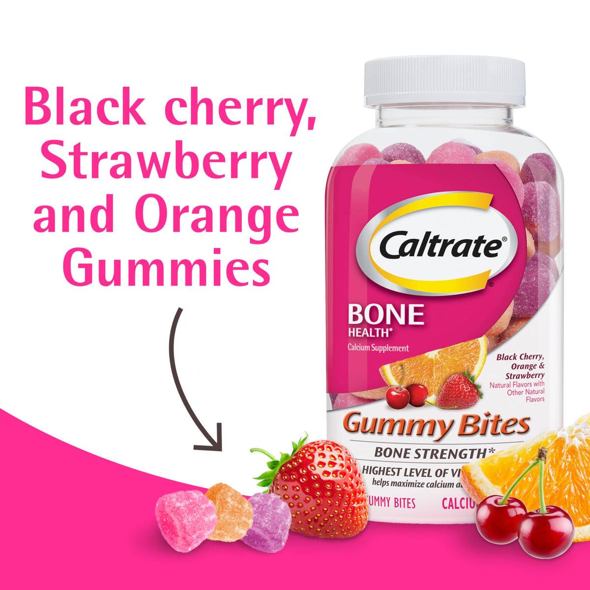 Caltrate Gummy Bites 500 mg Calcium and Vitamin D Supplement, Black Cherry, Strawberry, Orange - 100 Count Caltrate