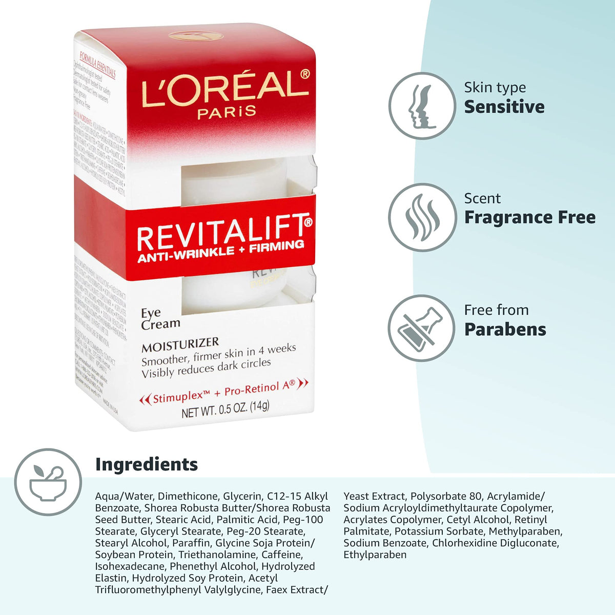 L'Oreal Paris Skincare Revitalift Anti-Wrinkle and Firming Eye Cream with Pro Retinol, Treatment to Reduce Dark Circles, Fragrance Free, 0.5 oz. L'Oreal Paris