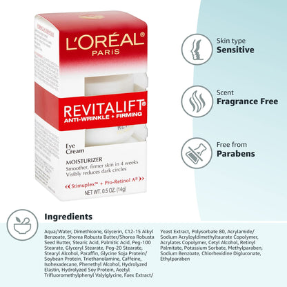 L'Oreal Paris Skincare Revitalift Anti-Wrinkle and Firming Eye Cream with Pro Retinol, Treatment to Reduce Dark Circles, Fragrance Free, 0.5 oz. L'Oreal Paris