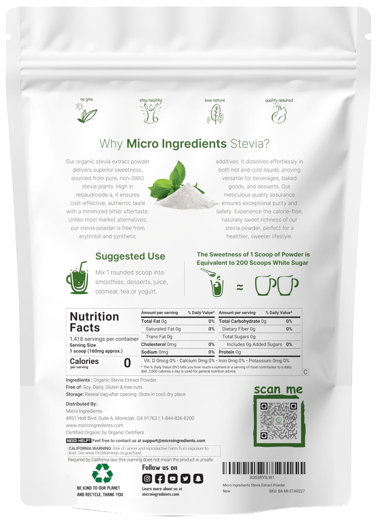 Micro Ingredients Pure Organic Stevia Powder, 8 Ounces, 1418 Serving, Highest Grade Stevia Green Leaf Extract Reb-A, Reduced Bitter Aftertaste, 0 Calorie, Natural Sweetener Micro Ingredients