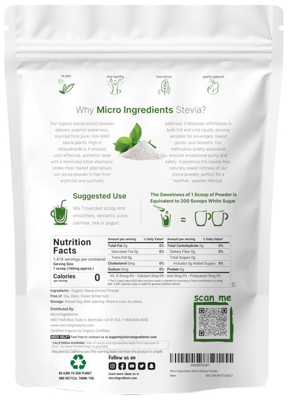 Micro Ingredients Pure Organic Stevia Powder, 8 Ounces, 1418 Serving, Highest Grade Stevia Green Leaf Extract Reb-A, Reduced Bitter Aftertaste, 0 Calorie, Natural Sweetener Micro Ingredients