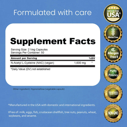 NaturaLife Labs N-Acetyl-L-Cysteine (NAC) 1600 mg – 100 Capsules - Vegan, Non-GMO & Gluten-Free NaturaLife Labs