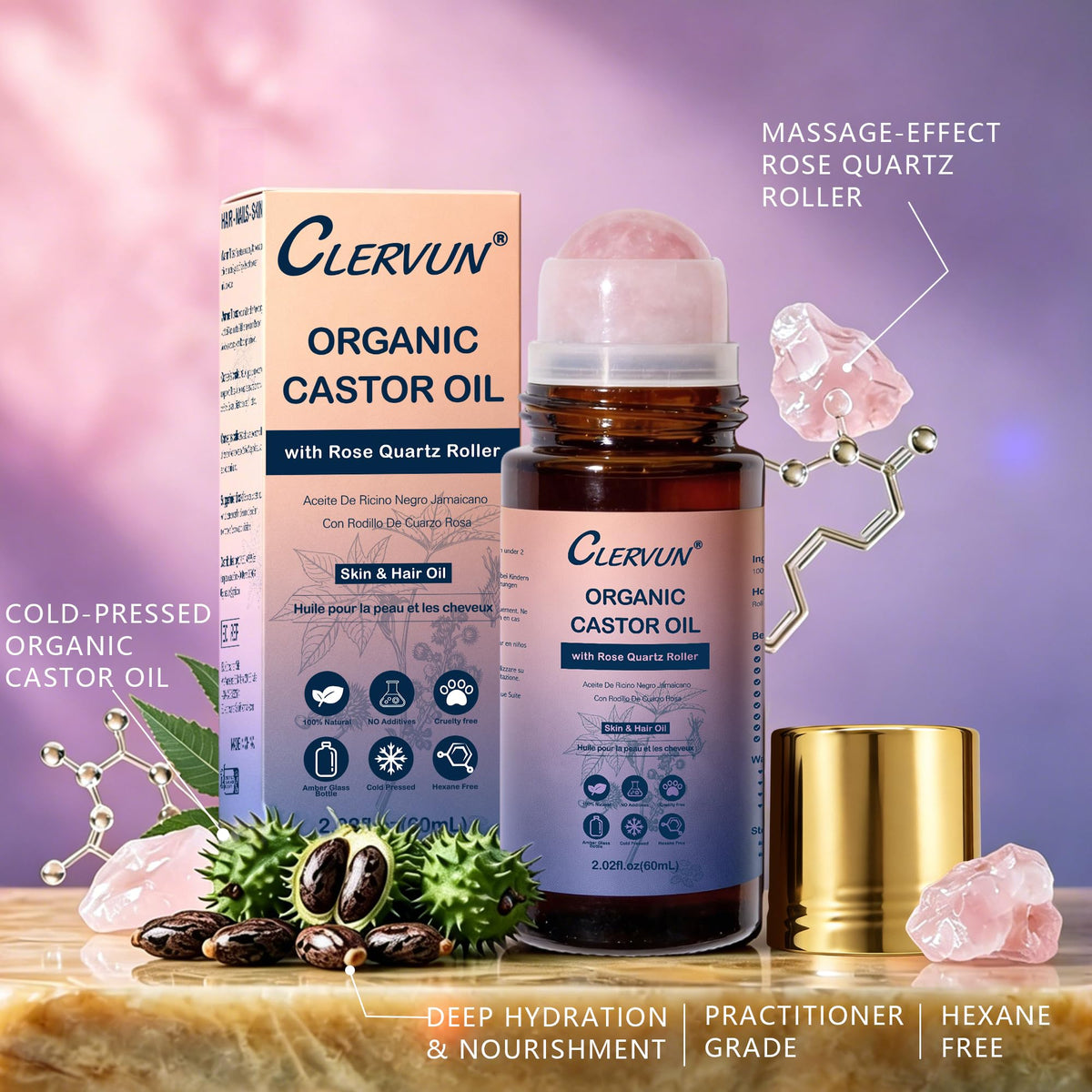 CLERVUN Organic Castor Oil Roll On with Rose Quartz Roller 2.02fl.oz CLERVUN