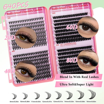 Lash Clusters Kit for Beginners Eyelash Clusters Kit Lashes Clusters Kit Cluster Lashes Pestañas Postizas Naturales with Lash Bond&Seal,Lash Tweezers,Brush RITALASH(640pcs 20D+40D+60D+80D Kit,9-16mm) RITALASH