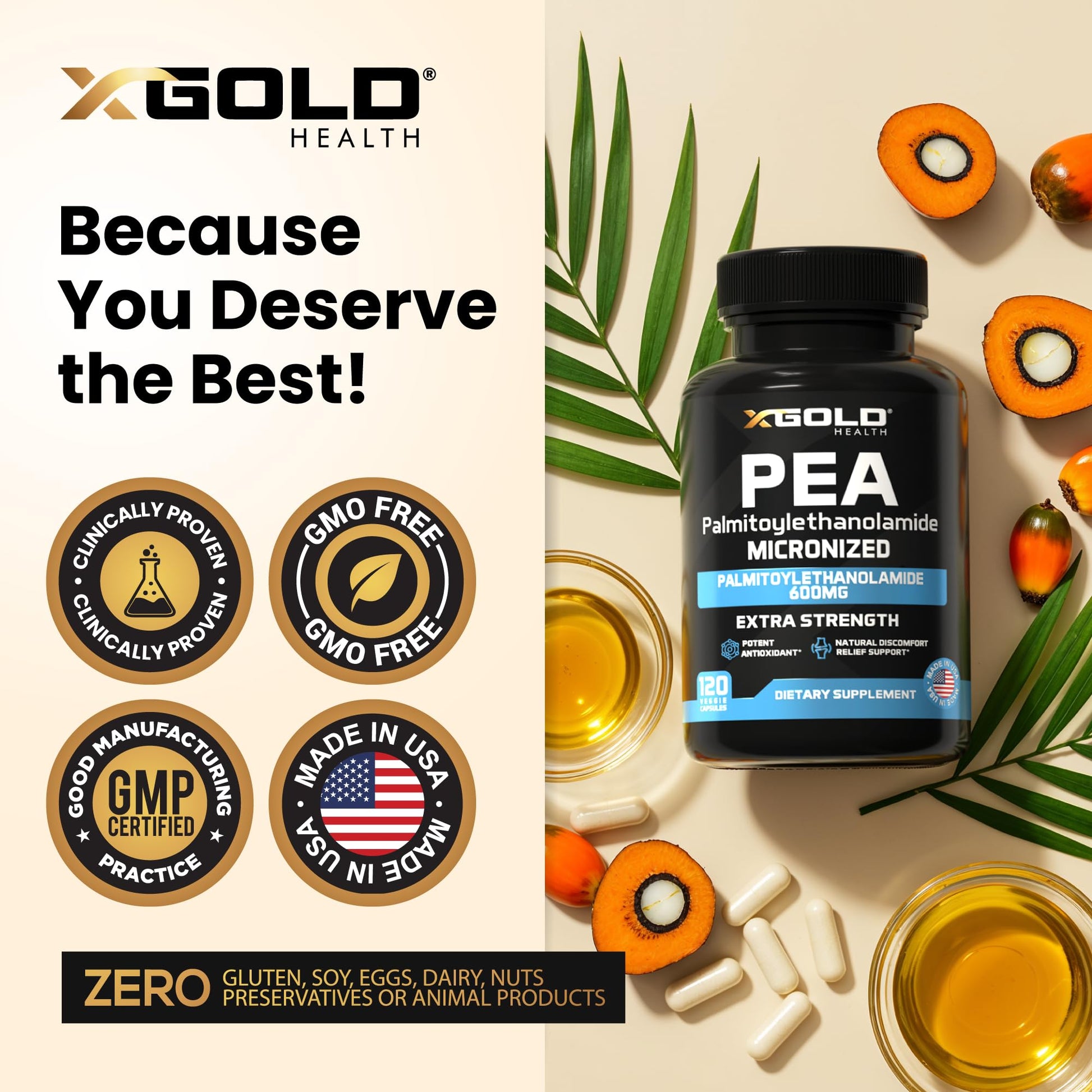 Palmitoylethanolamide Pea Supplement 600 mg | Micronized Pea 99% Highly Purified and Bioavailable | Made in USA | Supplement for Men and Women - 120 Capsules X Gold Health buy australia supplements
