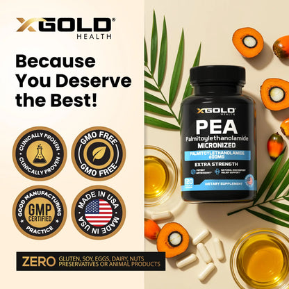 Palmitoylethanolamide Pea Supplement 600 mg | Micronized Pea 99% Highly Purified and Bioavailable | Made in USA | Supplement for Men and Women - 120 Capsules X Gold Health