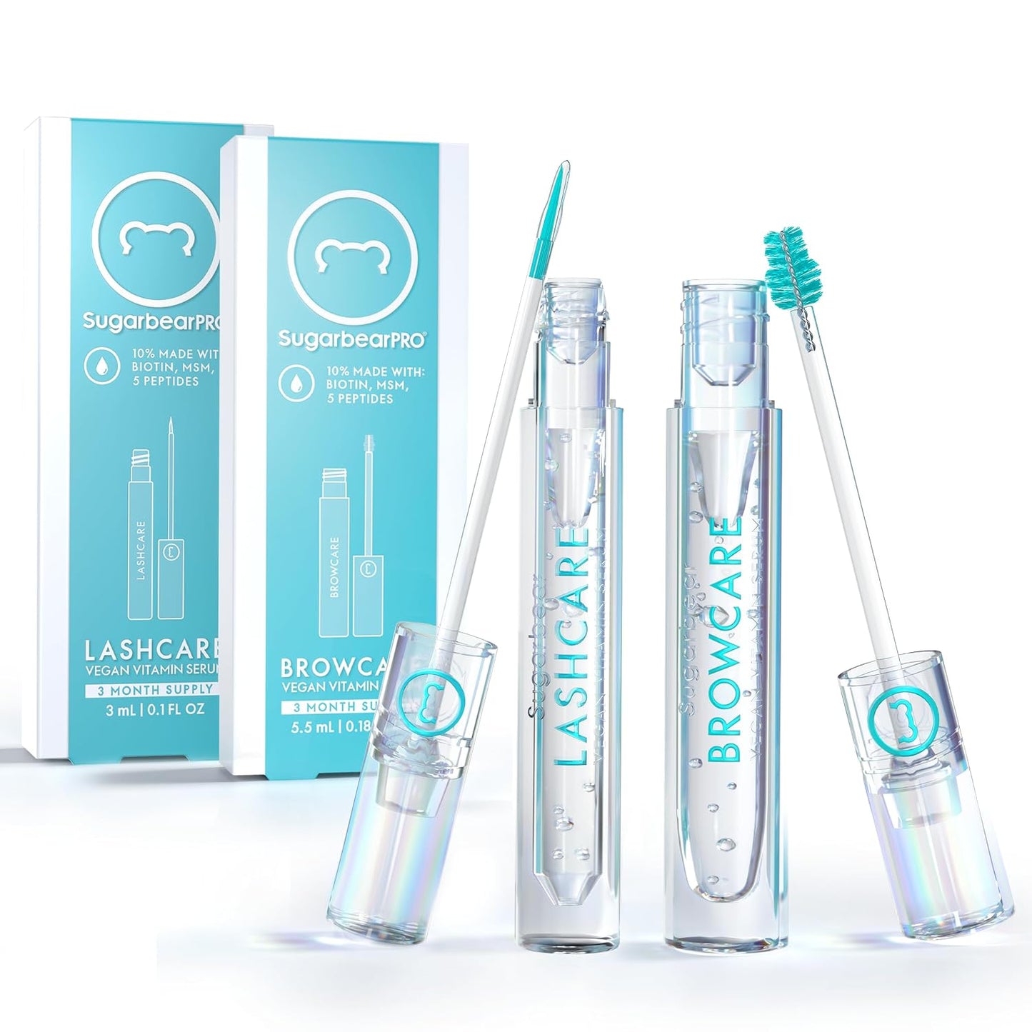 SugarbearPRO LashCare™ + BrowCare™ Vitamin Serum Duo | Peptides, MSM & Biotin | 3-Month Supply Each | Vegan Formula for Fuller, Healthier-Looking Lashes & Brows