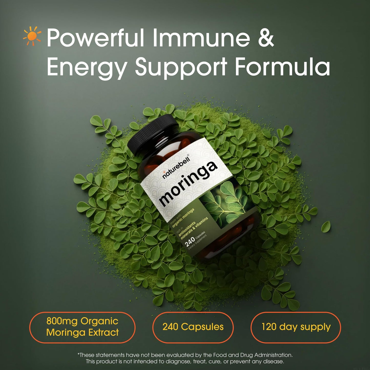 NatureBell Moringa - 240 Capsules - Organic Moringa for Immune, Energy & Skin Health Support - Green Superfood Properties NatureBell