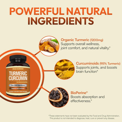 Arazo Nutrition Turmeric Curcumin with BioPerine Black Pepper Extract - 1300mg Per Serving - Joint Support Nutritional Supplements - 100% Herbal Tumeric Root Capsules Gsupps Australia