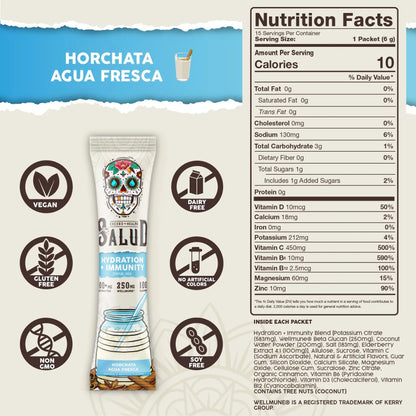 Salud 2-in-1 Hydration Packets + Immunity Electrolytes Powder, Horchata - Agua Fresca Drink Mix, Elderberry, Dairy & Soy Free, Non-GMO, Gluten Free, Vegan Taste Salud