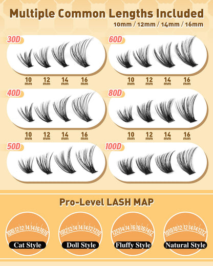 Calphdiar Eyelash Clusters 30D+40D+50D+60D+80D+100D Lash Clusters Wispy Individual Lashes 476PCS D-curly Lash Extension 10-16MM Natural Lashes Clusters DIY Cluster Eyelash Extensions calphdiar