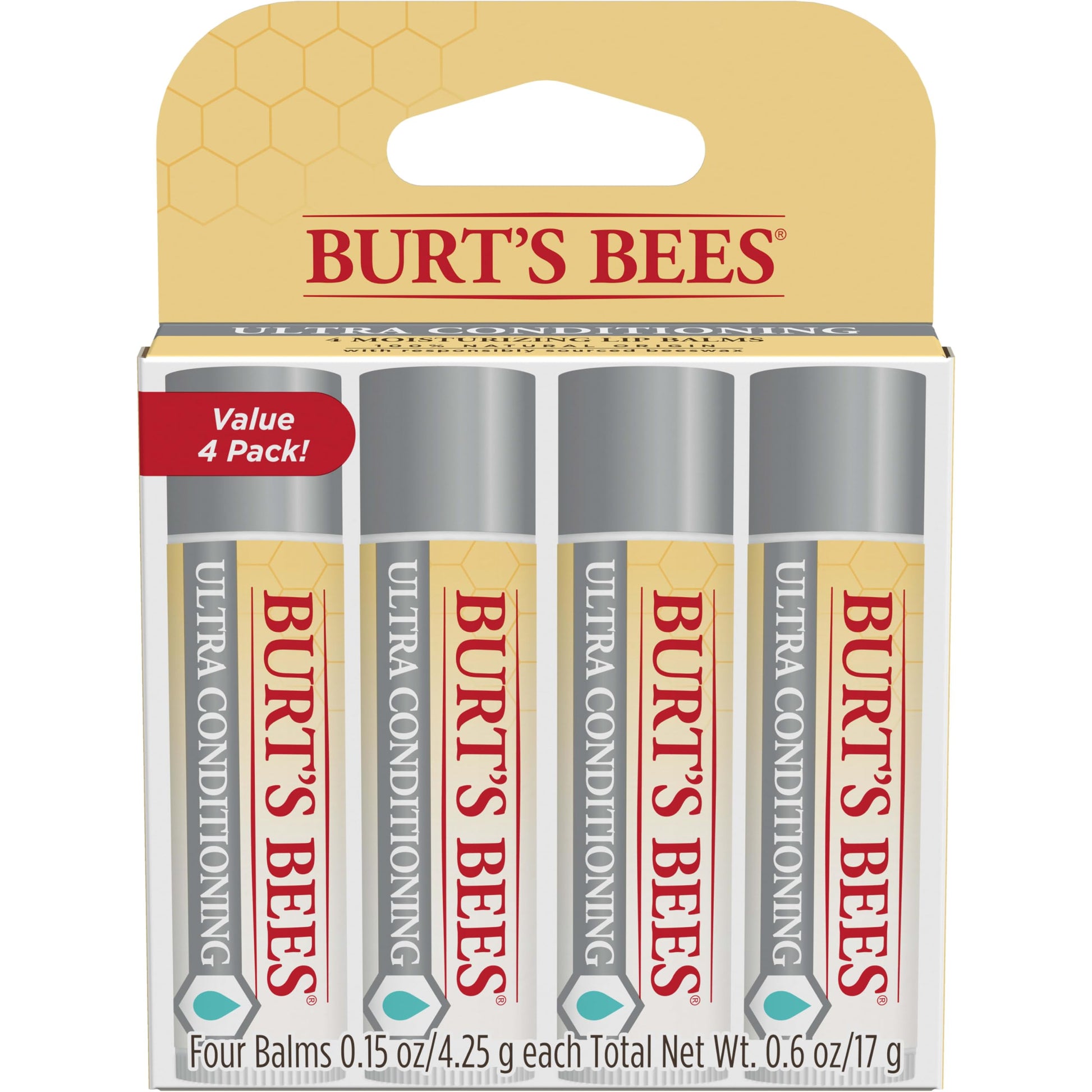 Burt's Bees Lip Balm, Moisturizing Lip Care, 100% Natural Origin, Ultra Conditioning with Shea, Cocoa & Kokum Butter (4 Pack) Burt's Bees