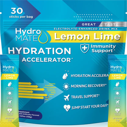 HydroMATE Electrolyte Powder Lemon Lime Hydration Packets Low Sugar 30 Count NatureWorks