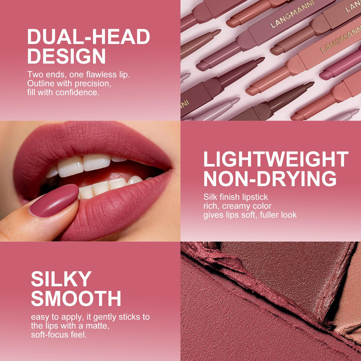 LANGMANNI 2-in-1 Lipstick & Lip Liner Set,6 Colors Gift Set|Angled Lipstick+Matching Lipliner Pencil|Velvet Matte Finish,Long-Lasting & Smudge-Resistant|All-in-One Lip Makeup Kit for Women(#A) LANGMANNI