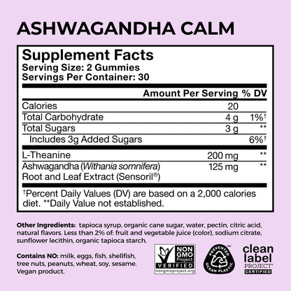 HUM Calm Ashwagandha Gummies for Women and Men, L-Theanine Ashwagandha Supplements for Daily Relaxation & Clarity Support, Vegan Fast Acting Gummy Formula, Mixed Berry Flavor, 60 Gummies